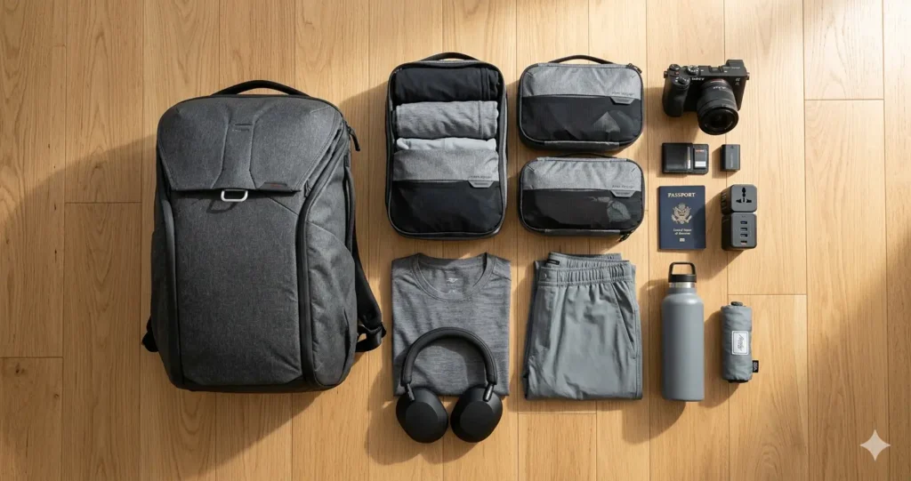 A flat lay of essential travel gear including a black backpack and electronics.