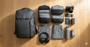 A flat lay of essential travel gear including a black backpack and electronics.