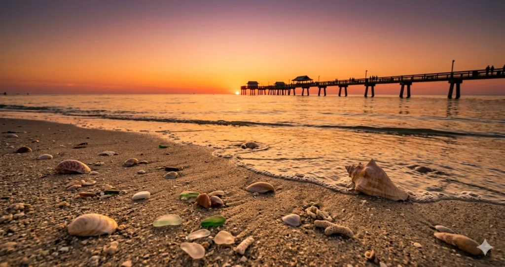 Clearwater Beach pier at sunset with shells on the sand best beaches in Florida comparison.
