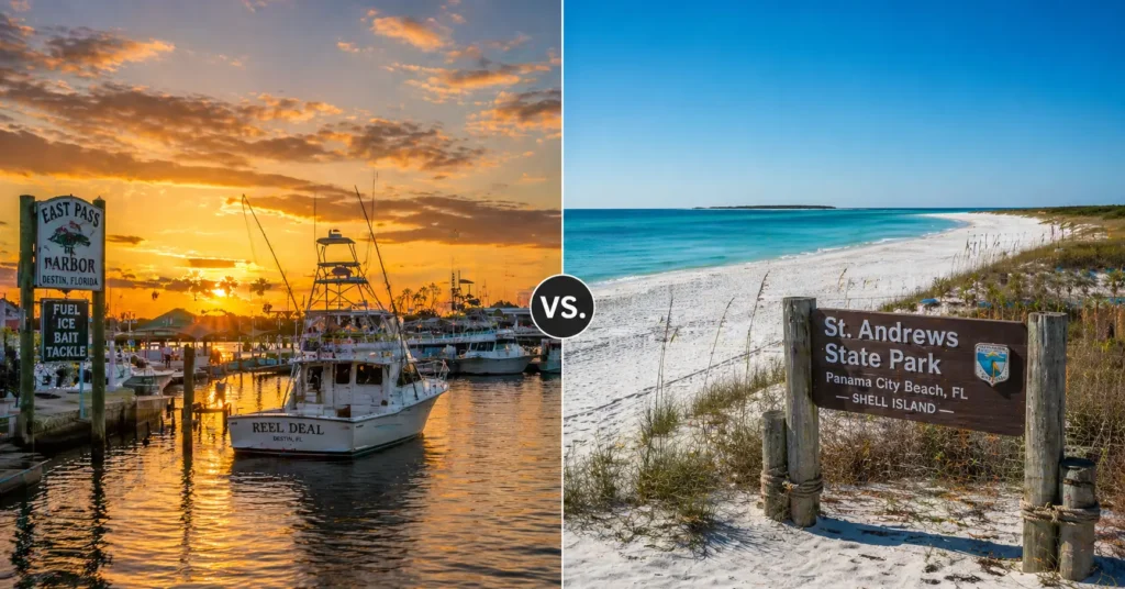 Destin harbor and Panama City Beach shoreline side by side comparison, Florida Panhandle