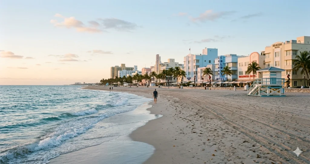 South Beach Miami shoreline in December morning light