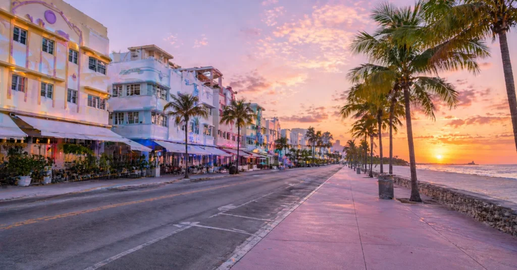 South Beach Ocean Drive at sunrise in March before spring break crowds arrive