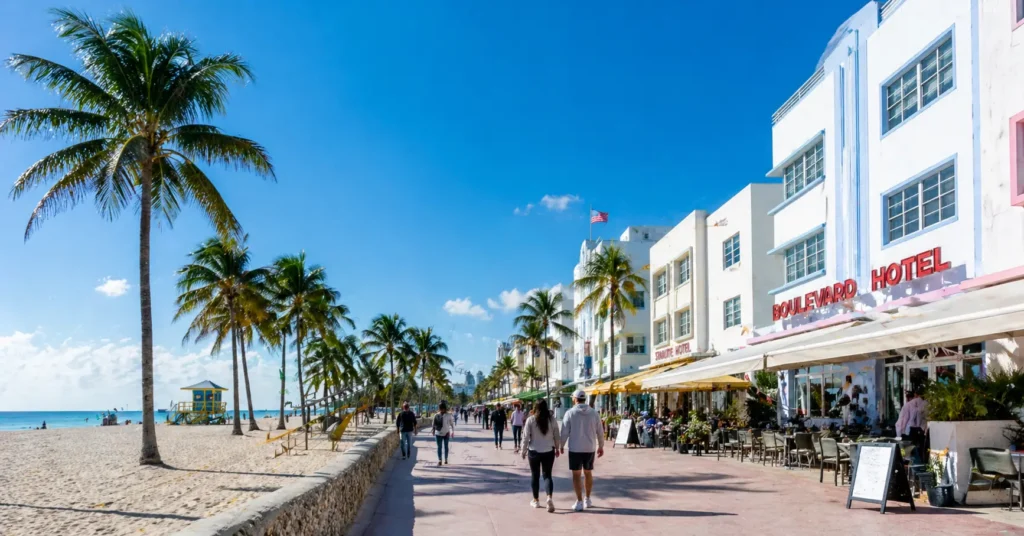 Miami South Beach in January with clear blue skies and light winter crowds.