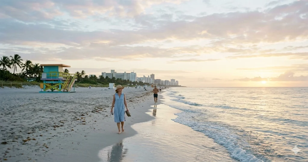 South Beach Miami shoreline early morning October fewer crowds