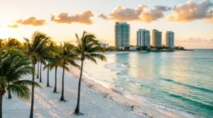 Fort Lauderdale Beach promenade with palm trees and beachfront hotels at sunset
