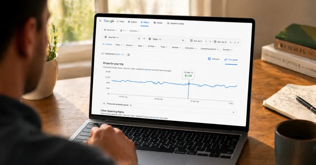 Google Flights price graph showing fare trends for New York to Tokyo routes across multiple months