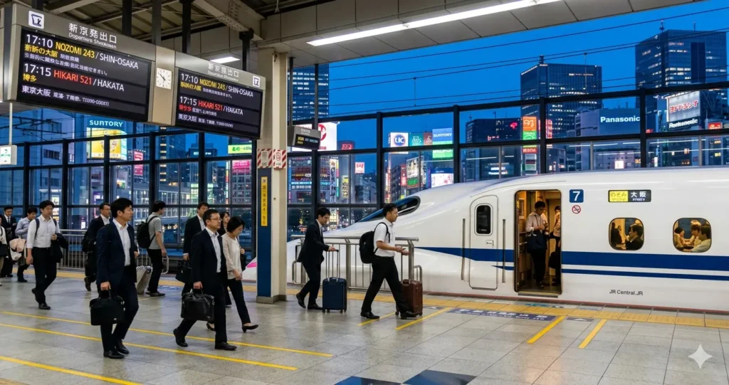A Shinkansen train at Tokyo Station platform during evening rush hour.