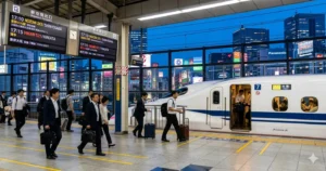 A Shinkansen train at Tokyo Station platform during evening rush hour.