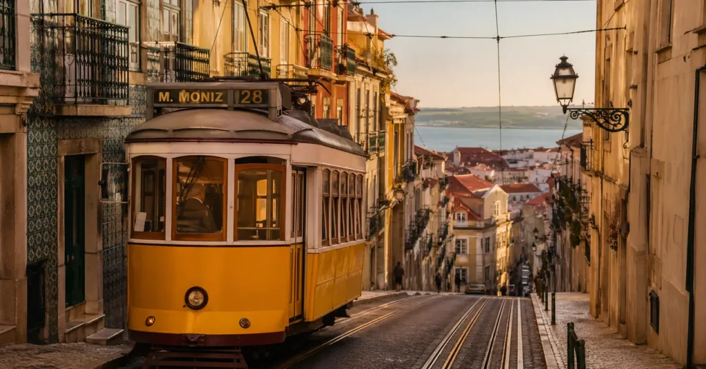 Yellow tram climbing a steep Lisbon street in late afternoon light with terracotta roofs and river below.