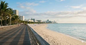 Miami South Beach boardwalk at sunrise with ocean views and city skyline - Miami Travel Guide