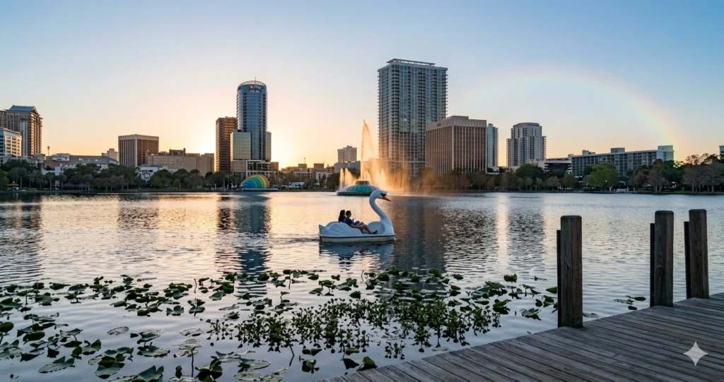 Orlando Travel Guide: White swan boats at Lake Eola with downtown skyline.
