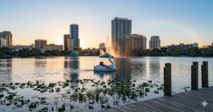 Orlando Travel Guide: White swan boats at Lake Eola with downtown skyline.