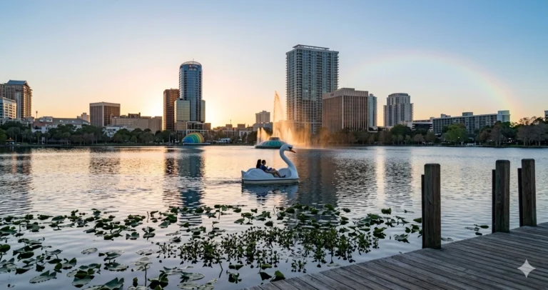 Orlando Travel Guide: White swan boats at Lake Eola with downtown skyline.