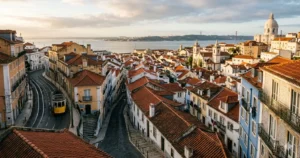 Morning view of Alfama roofs and a yellow tram in Lisbon, Portugal.