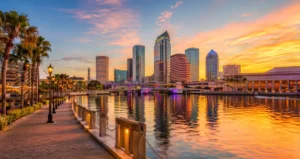 Tampa Riverwalk at sunset with skyline reflections