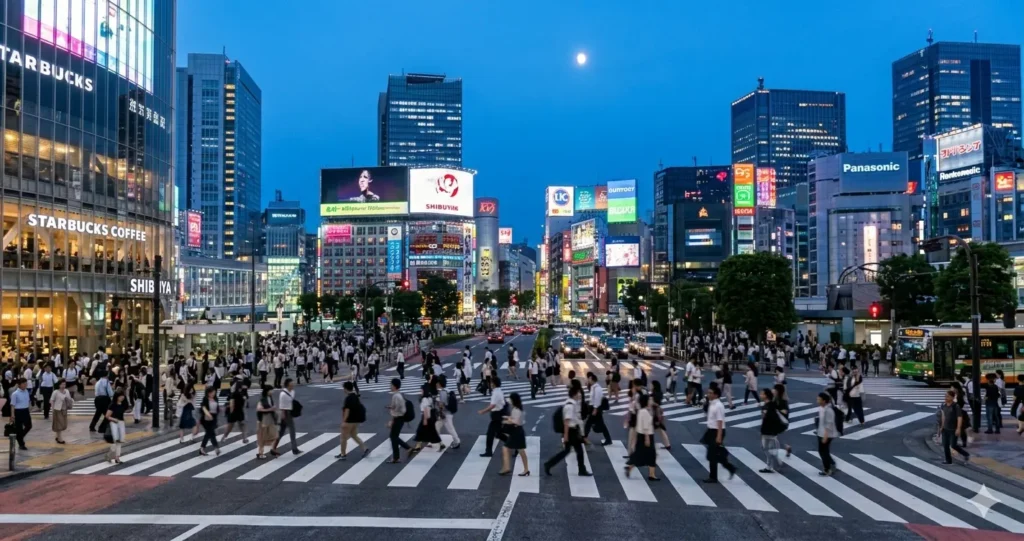 Shibuya Crossing at dusk with pedestrians crossing in organized flow, Tokyo