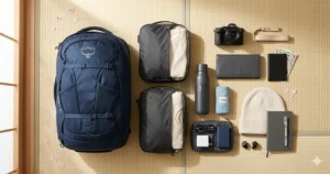 Complete packing list for 3 weeks in Japan laid out on tatami mat including backpack, shoes, clothing, and tech