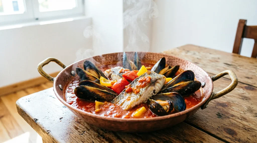 Traditional copper cataplana pot with seafood stew.