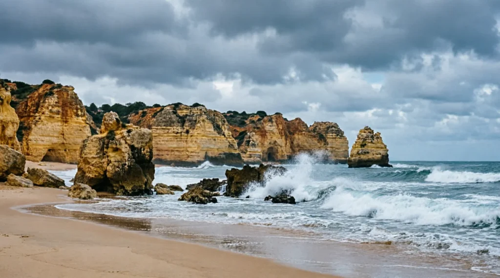 Algarve beach in March with no crowds and overcast sky