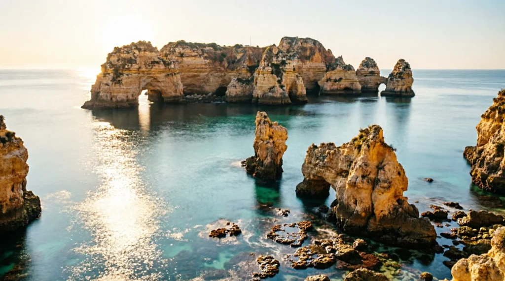 Sunset view of the rugged Algarve coastline near Lagos.