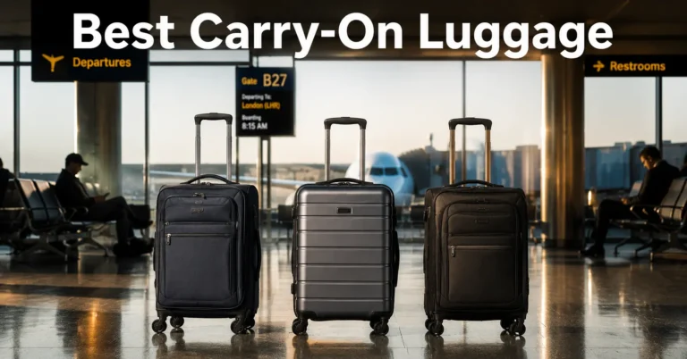 Best carry on luggage lined up in an international airport terminal