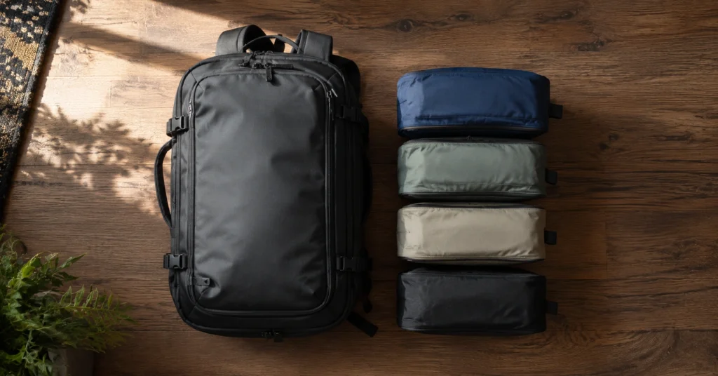 A selection of compressed packing cubes laid next to a minimalist travel backpack on a flat surface.