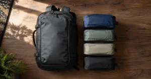 A selection of compressed packing cubes laid next to a minimalist travel backpack on a flat surface.