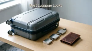 Three TSA-approved luggage locks beside a packed carry-on and travel documents