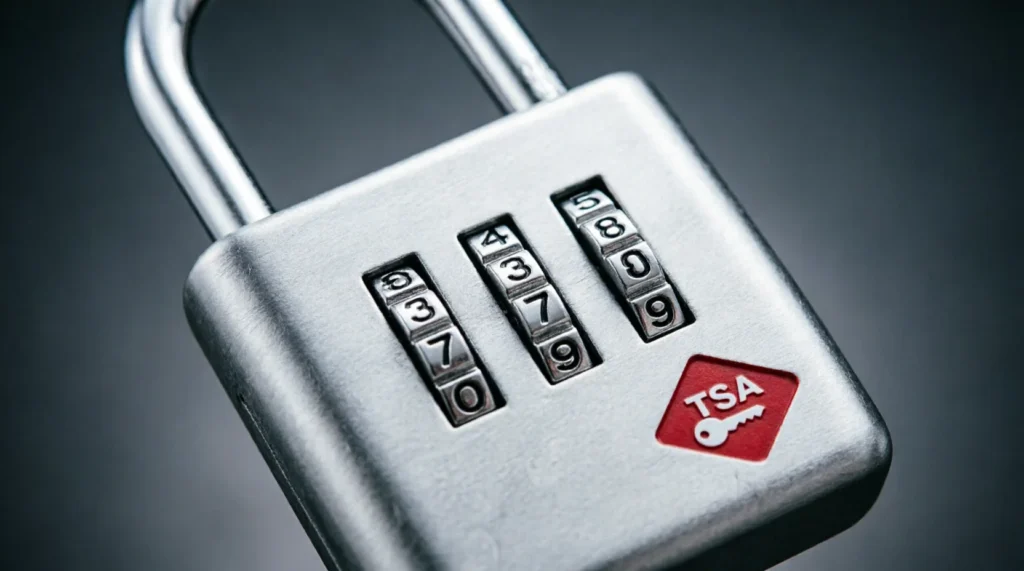 Close-up of a TSA-approved luggage lock combination dial