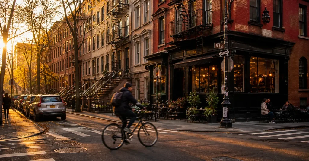 Tree-lined street in New York City's West Village neighborhood at sunset, with brownstone buildings and a cyclist