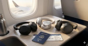Three premium noise cancelling headphones tested for travel on airplane tray table