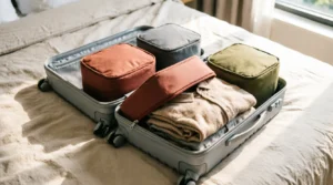 Three packing cubes arranged in an open carry-on suitcase, showing organized clothing compartments for efficient travel