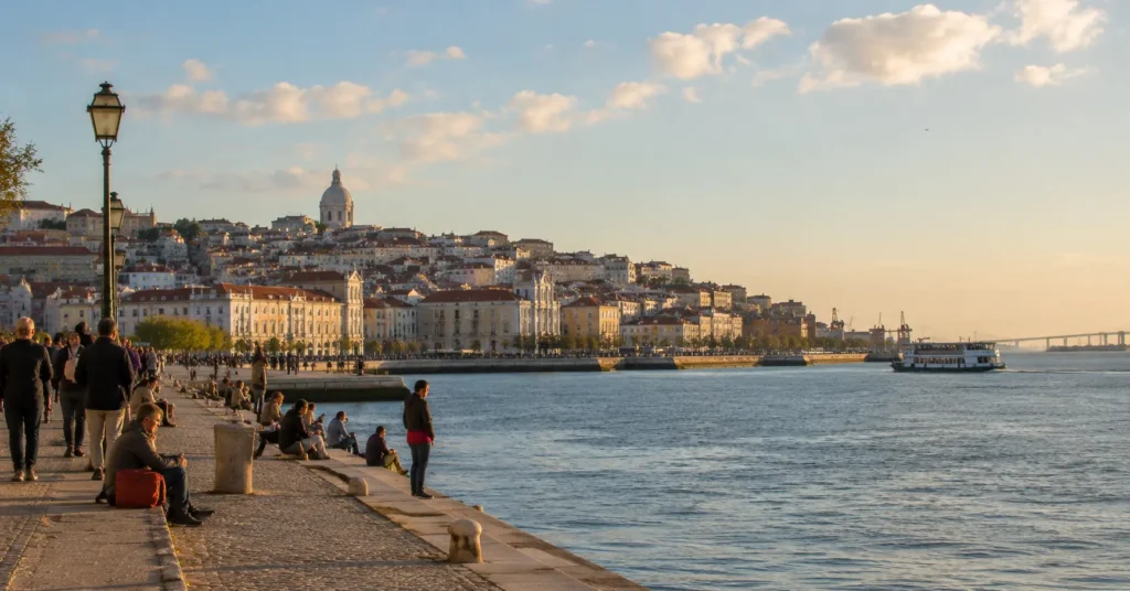“Lisbon waterfront in April with mild weather and lighter crowds