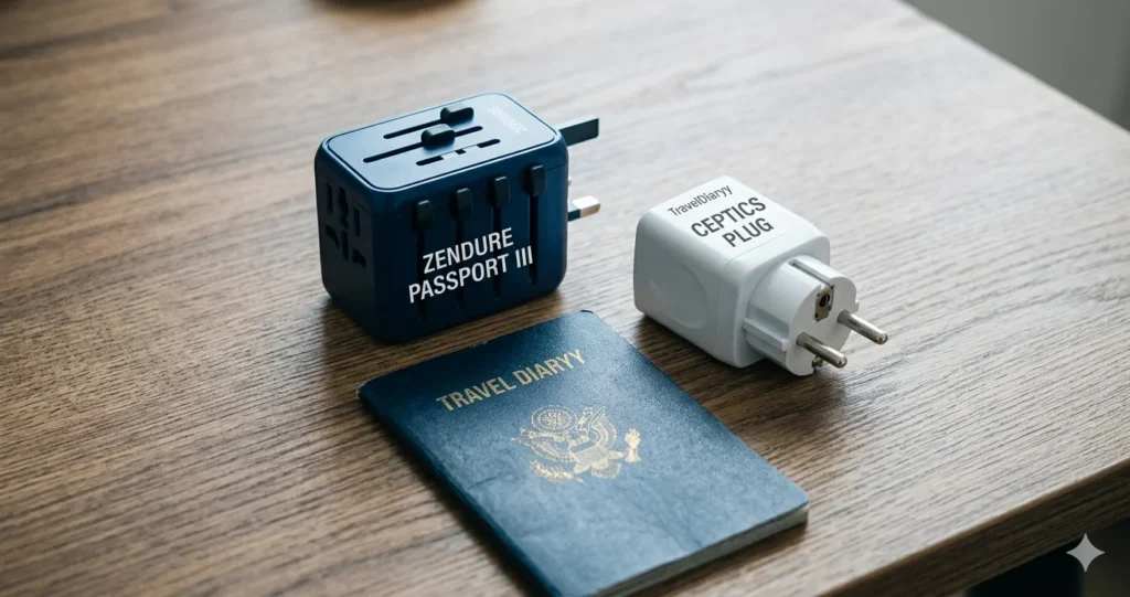 Universal and region-specific travel adapters on a desk.
