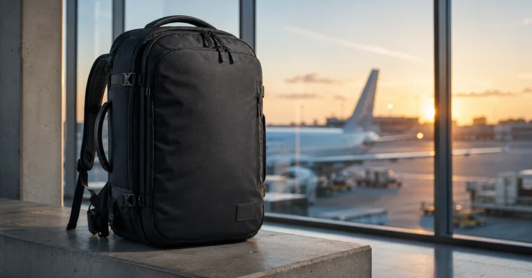 Best travel backpack packed and sitting on a bench in an airport terminal ready for carry on one bag travel.