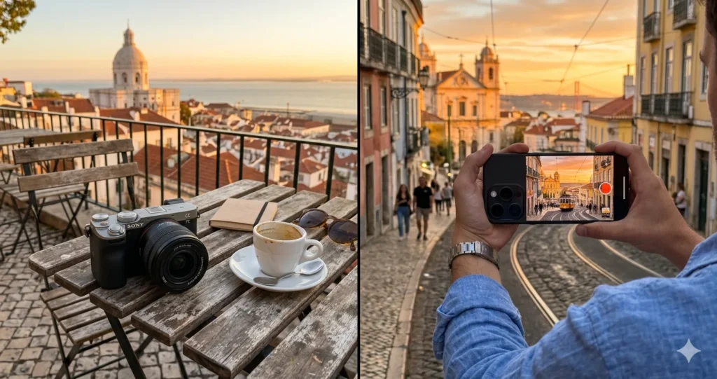 Comparison of Sony A7C II mirrorless camera and iPhone 17 Pro for travel photography.