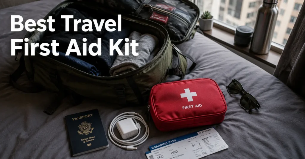 Compact travel first aid kits arranged beside carry-on travel gear