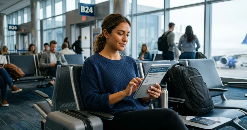 Traveler comparing travel insurance policy details on tablet before international flight