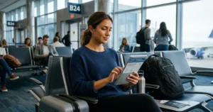 Traveler comparing travel insurance policy details on tablet before international flight