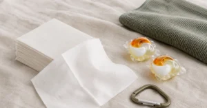 Travel laundry detergent sheets and pods on a linen flat lay — packets vs sheets comparison