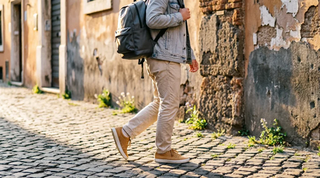 Traveler wearing versatile sneakers walking on cobblestone street in Rome
