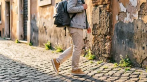 Traveler wearing versatile sneakers walking on cobblestone street in Rome