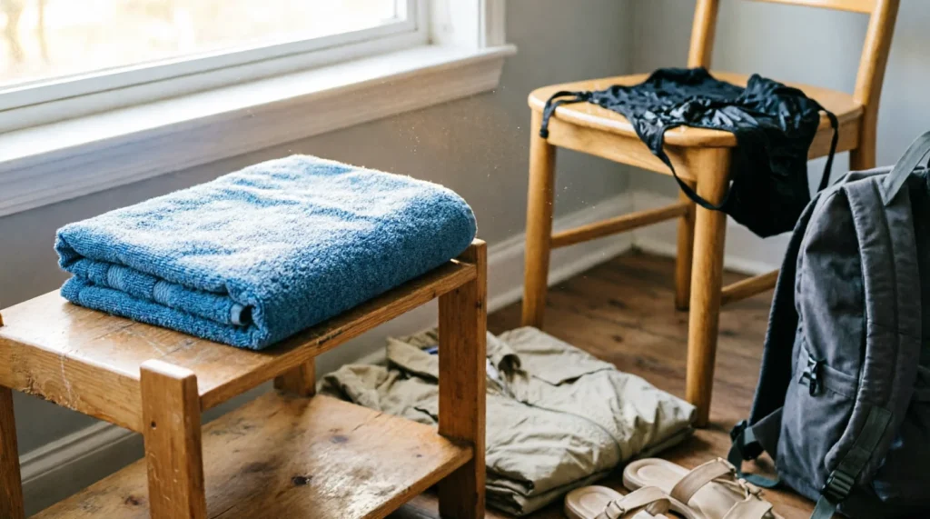 best travel towel microfiber folded on a hostel shelf with a wet swimsuit in the background
