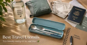 Best travel utensils eco‑friendly eating kit on a table with passport, water bottle, and reusable bag, ready for a trip.”