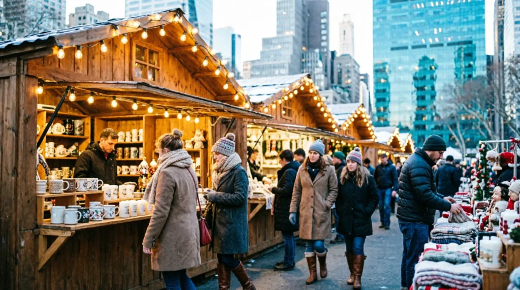 Bryant Park Christmas market stalls in December
