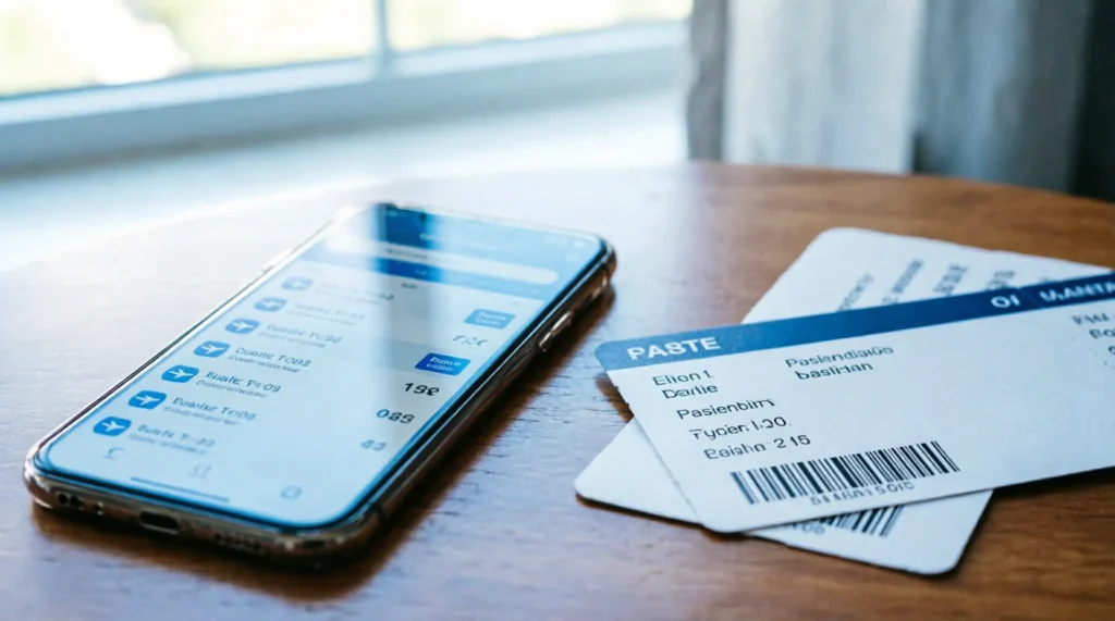 Boarding pass next to phone showing flight search results on a budget airline booking app
