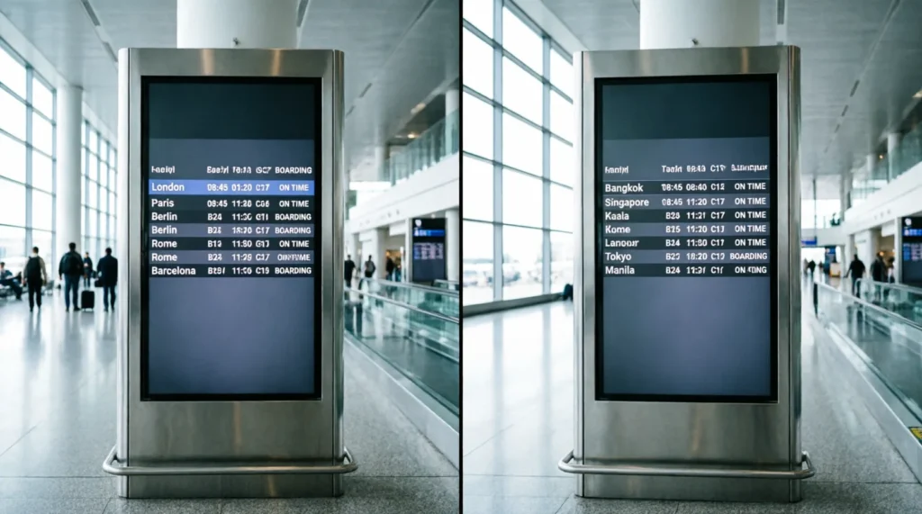 Departure board showing international budget airline routes across Europe and Asia