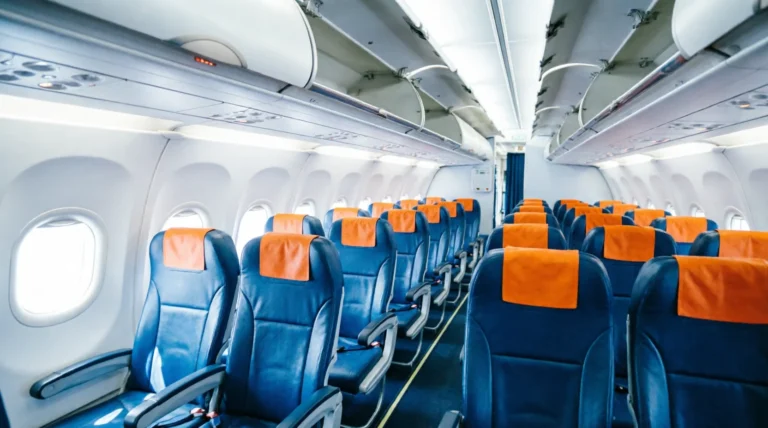 Interior of a budget international airline cabin with economy seats and overhead bins