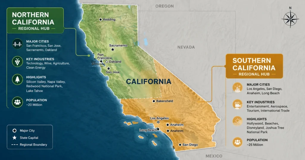 Map highlighting the massive driving distances between San Francisco, Yosemite, and Los Angeles