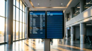 Airport departure board displaying cheap flights to Florida destinations including Miami, Orlando, Fort Lauderdale, and Tampa
